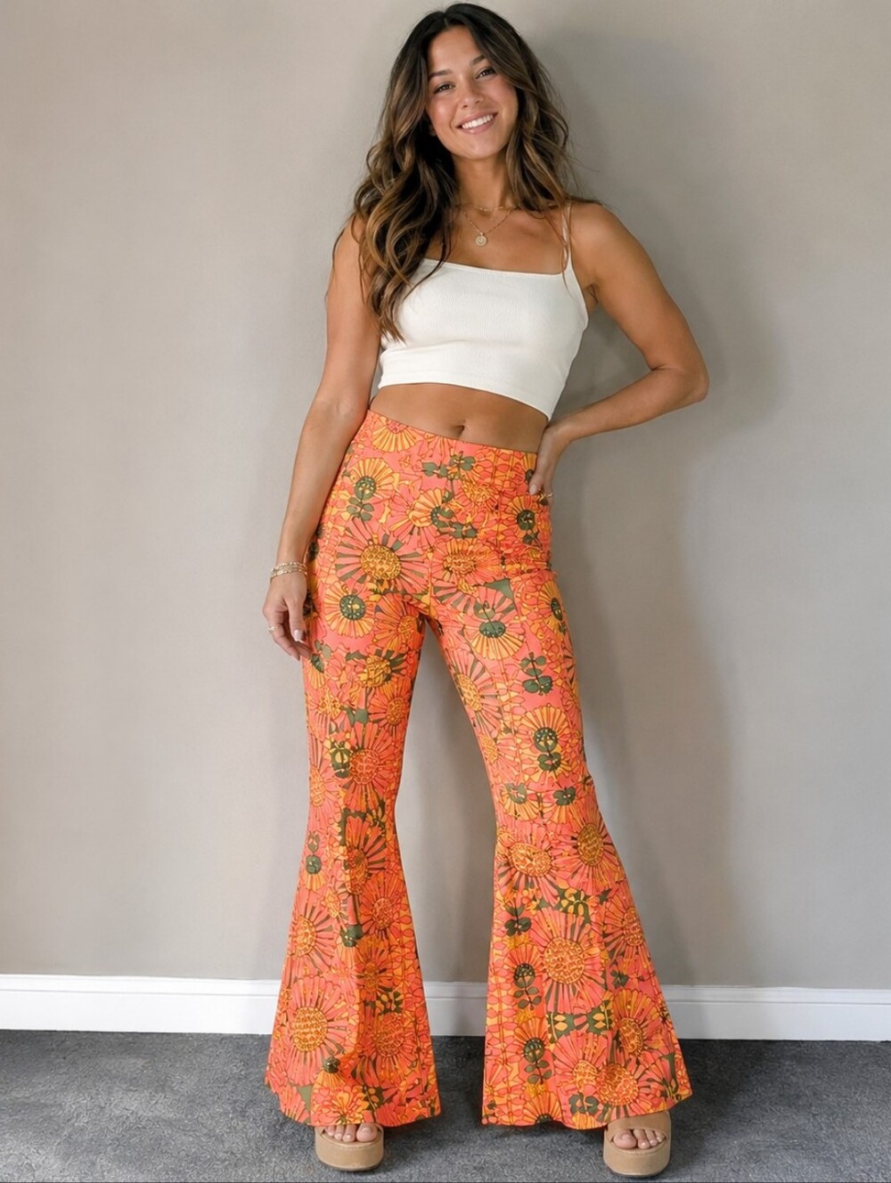 Julie Brown New York Floral Bell Bottom Pants Orange Retro Mod Flare M